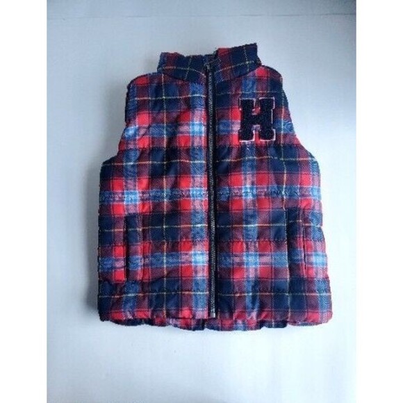 Tommy Hilfiger Puffer Vest Baby 12 Months Red and Blue Plaid With Varsity Letter - Picture 1 of 5